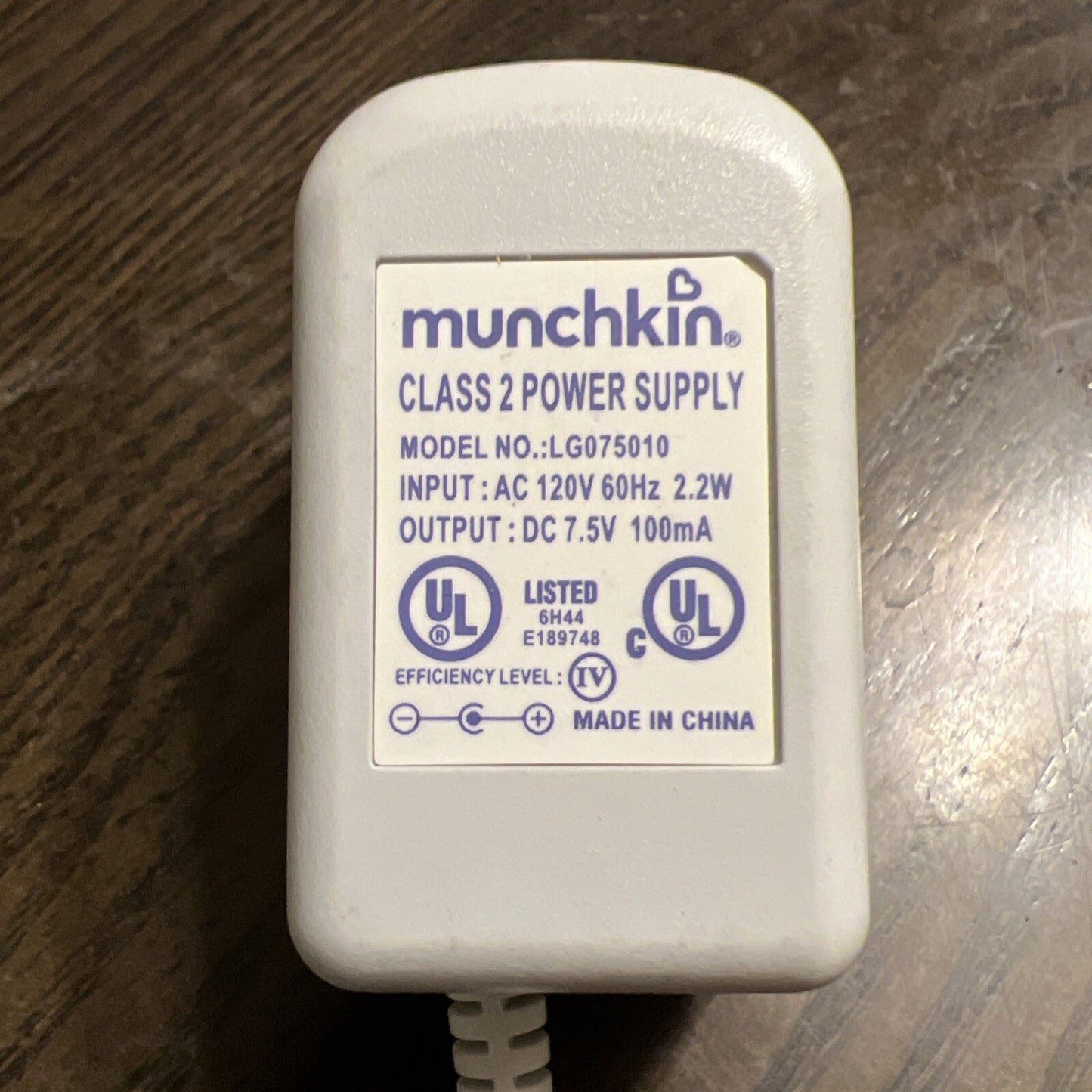 Munchkin Class 2 Power Supply Adaptor LG075010 - OUTPUT: 7.5V DC 100MA
