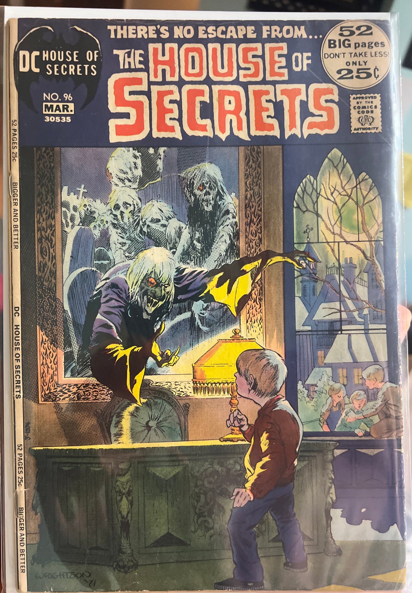 Vintage comic book 'The House of Secrets' No. 96 from March, featuring a cover illustration of a ghostly figure rising from a coffin in a crypt.