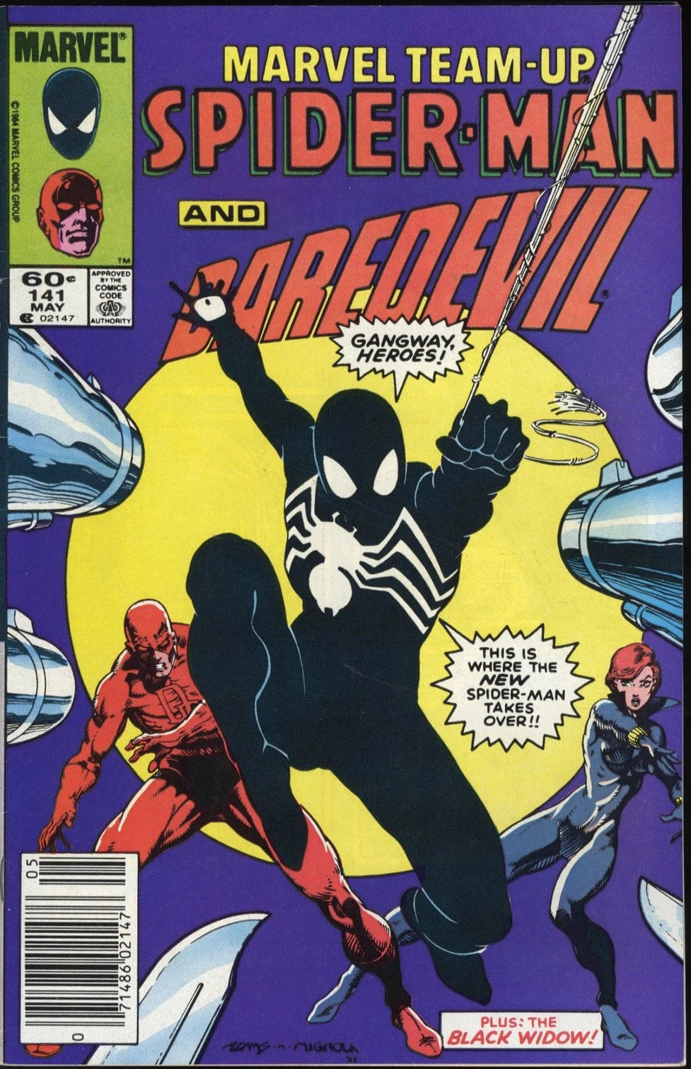 Marvel Team-Up Spider-Man and Daredevil comic book cover, issue #141 from May 1984. The cover art features Spider-Man in black and white in the center, Daredevil in red on the left, and a smaller character on the right, all against a purple and yellow background with bold comic-style title text at the top.
