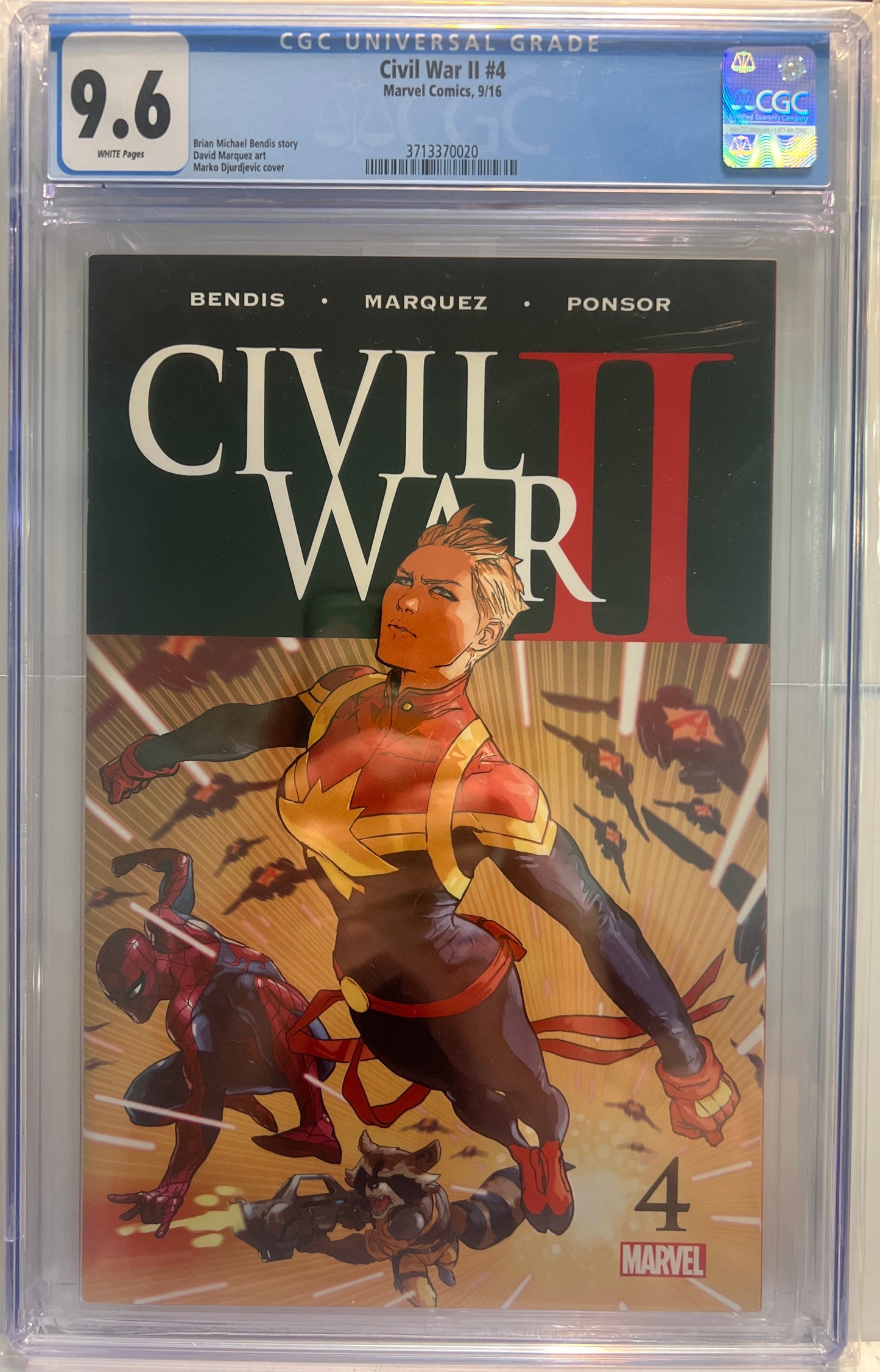 A graded copy of Marvel's Civil War II #4 comic book, encapsulated in a clear CGC protective case. The comic is graded a 9.6