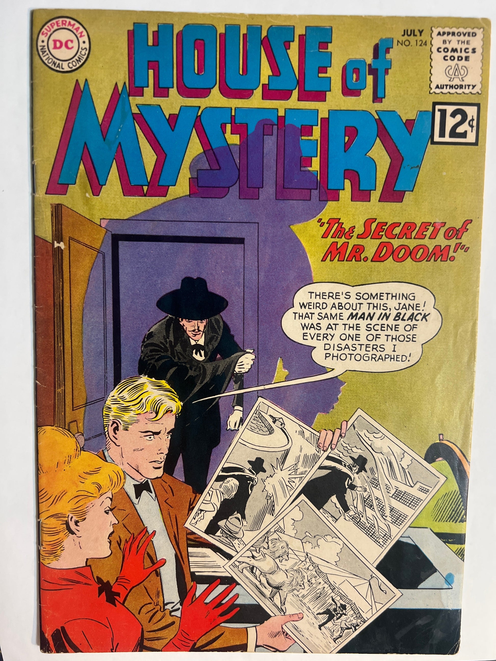 Vintage comic book 'House of Mystery' issue number 124, featuring colorful cover art with the title in large blue and red letters, a black-and-white illustrated scene, and a DC Comics logo in the lower left corner.