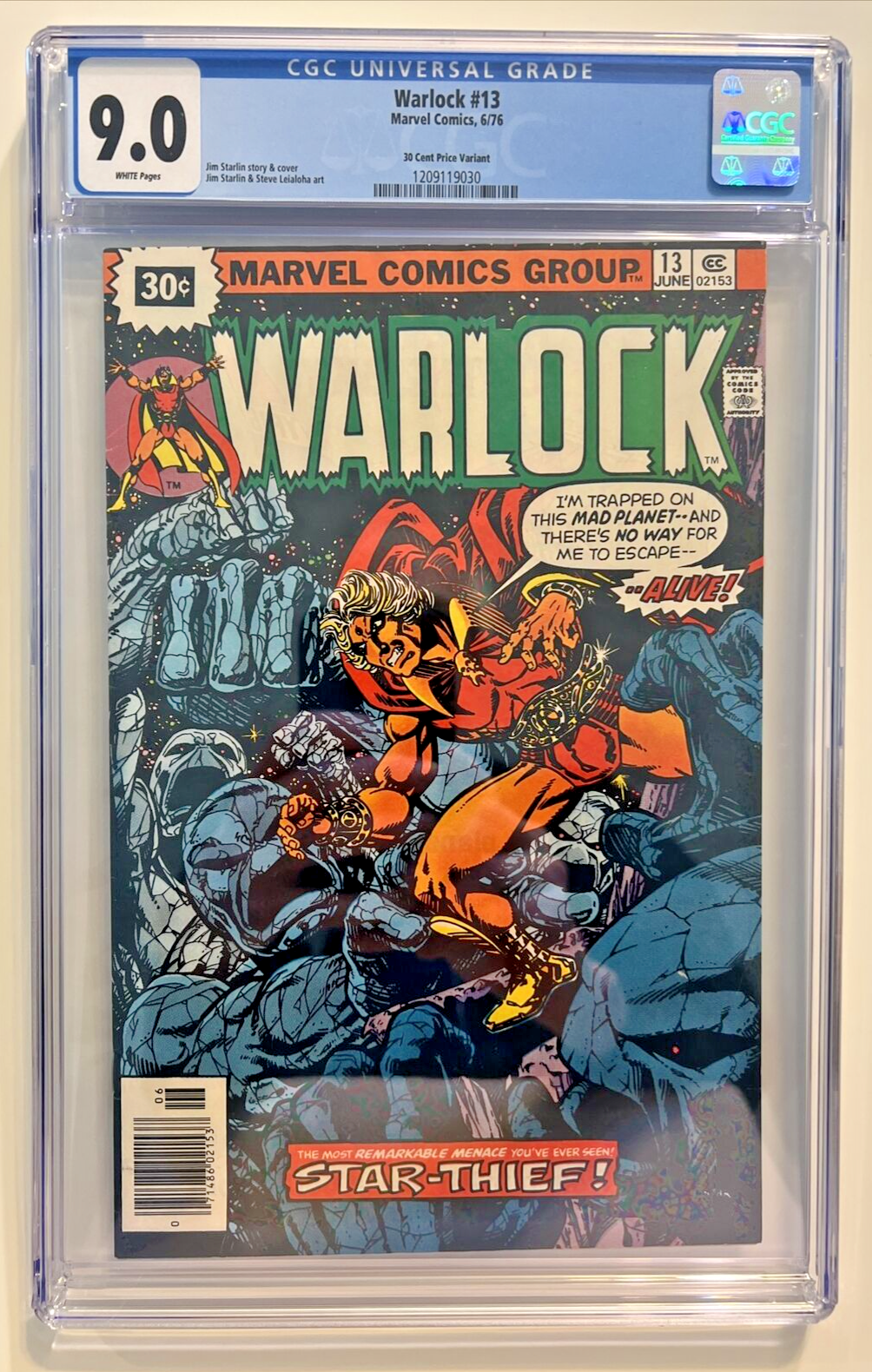WARLOCK #13 CGC 9.0 MARVEL 1976 30 CENT VARIANT JIM STARLIN WHITE PAGES