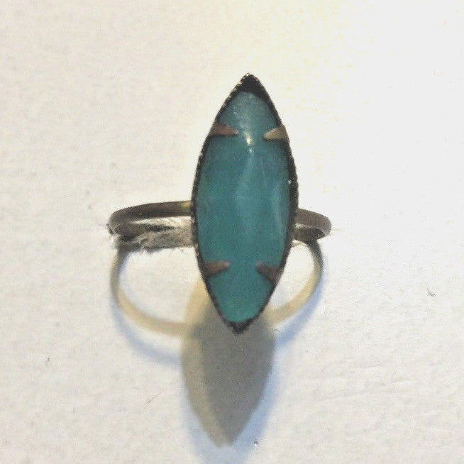 VINTAGE BRASS RING MADE IN CZECHOSLOVAKIA GEM-CUT AQUA 15MM