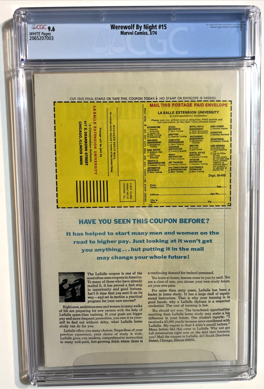 WEREWOLF BY NIGHT #15 CGC 9.6 MARVEL COMICS 1974 BRONZE AGE DRACULA WHITE PAGES