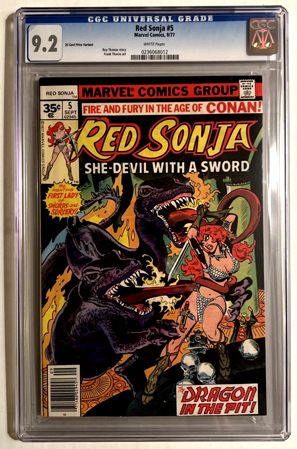 RED SONJA #5 CGC 9.2 MARVEL COMICS 1977 BRONZE AGE 35 CENT VARIANT WHITE PAGES