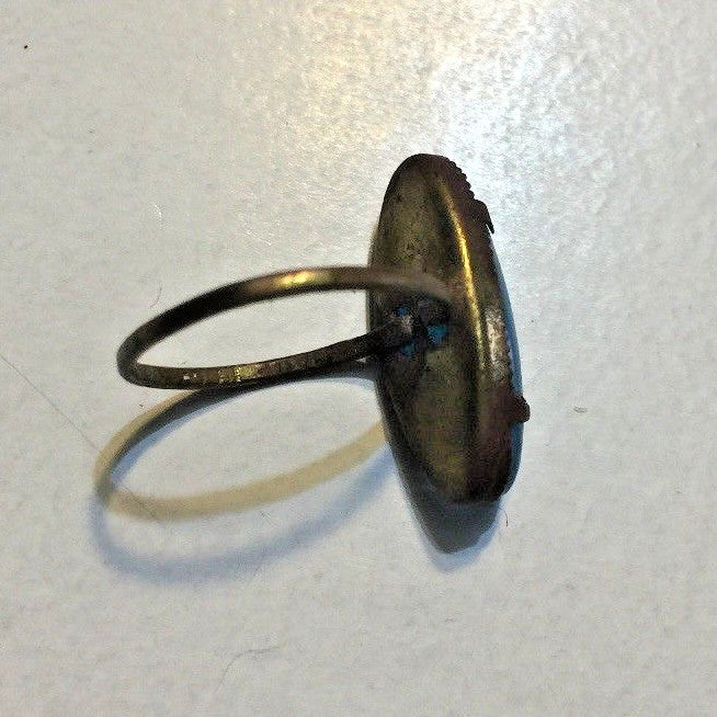 VINTAGE BRASS RING MADE IN CZECHOSLOVAKIA LIGHT BLUE OVAL 14.5MM