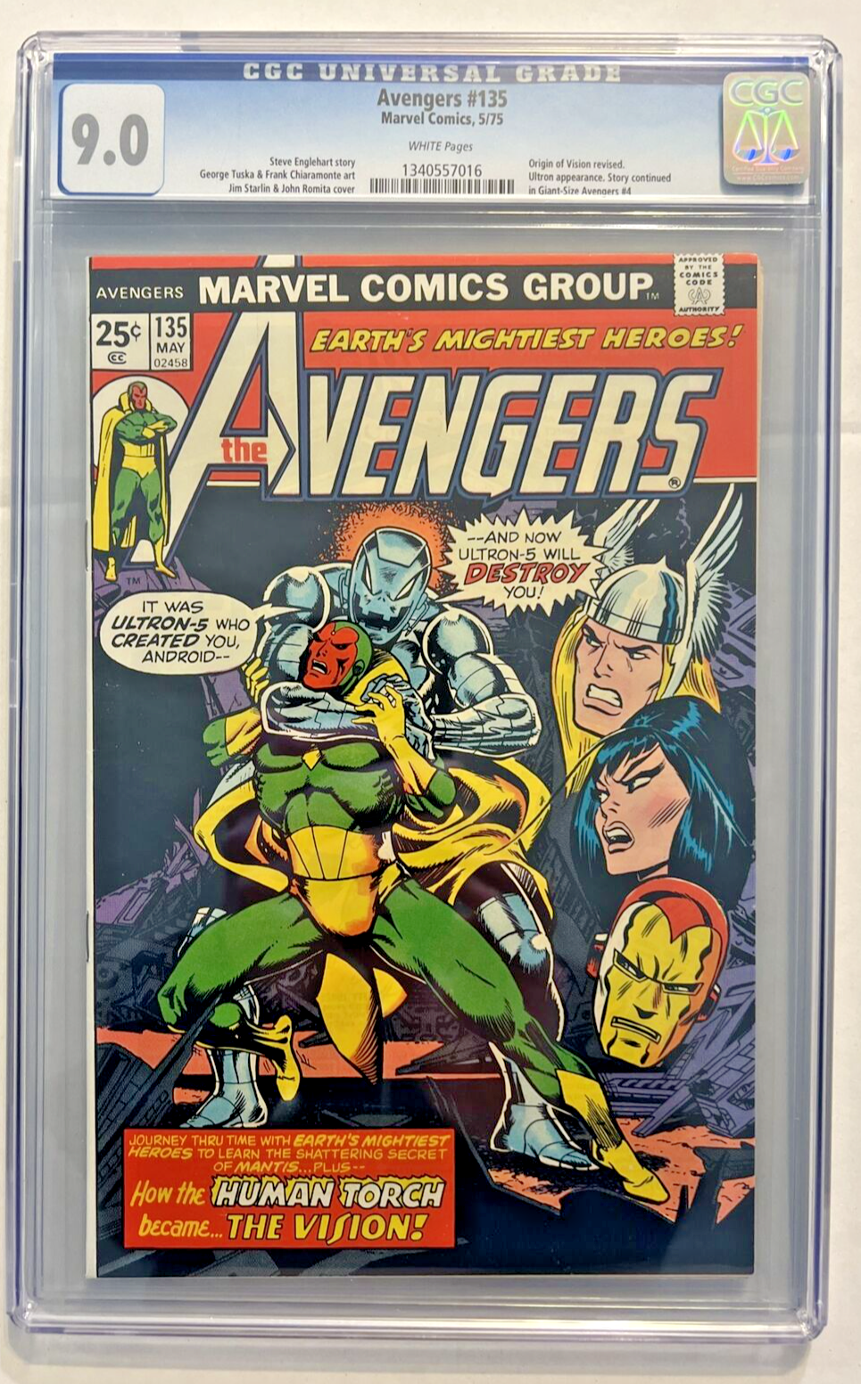 AVENGERS #135 CGC 9.0 MARVEL 1975 ORIGIN VISION ULTRON 5 WHITE PAGES