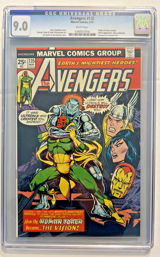 AVENGERS #135 CGC 9.0 MARVEL 1975 ORIGIN VISION ULTRON 5 WHITE PAGES