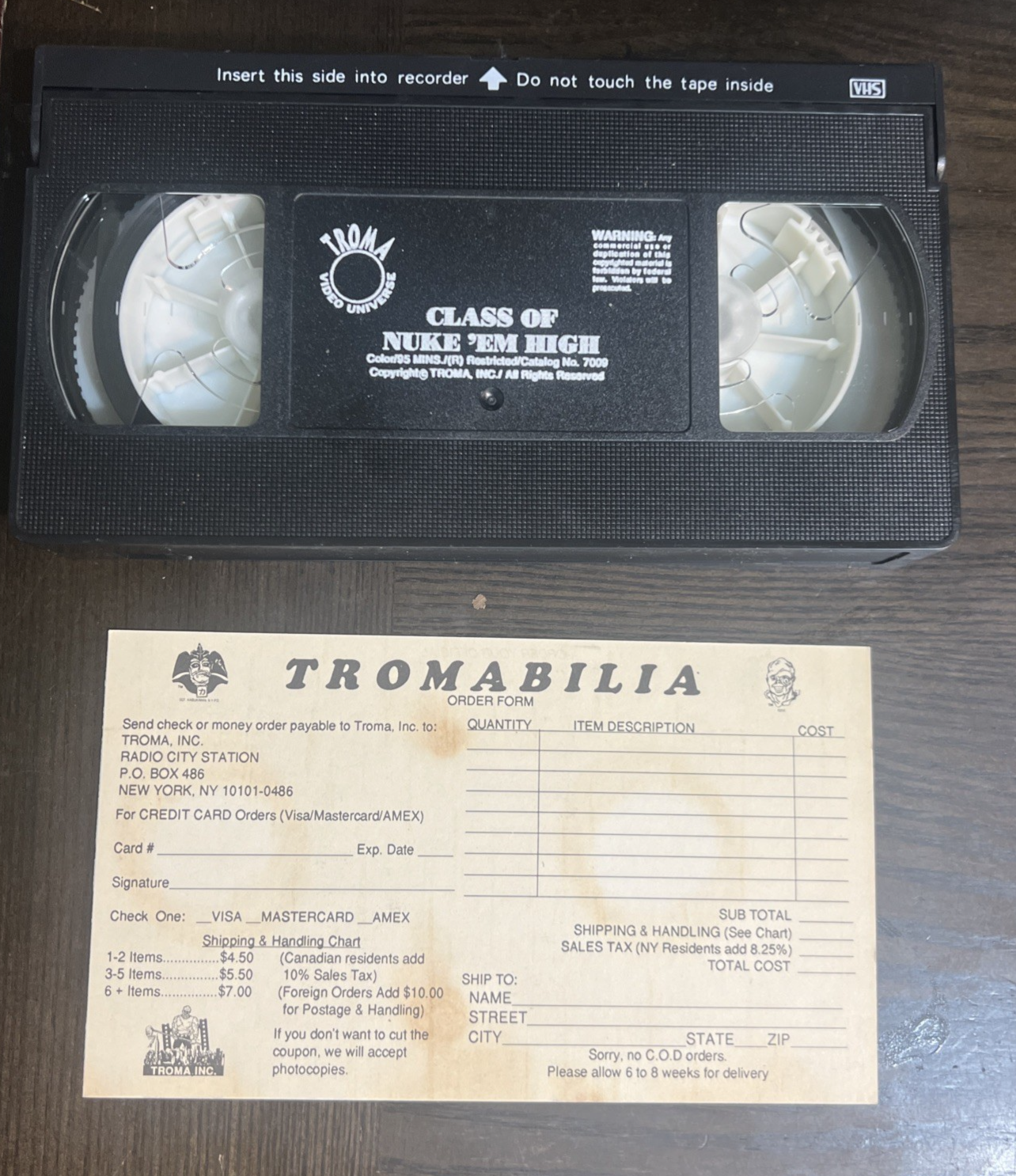 CLASS OF NUKE'EM HIGH VHS TROMA #7009 SCARCE NICE WITH TROMABILIA ORDER CARD