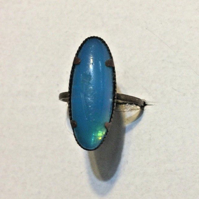 VINTAGE BRASS RING MADE IN CZECHOSLOVAKIA LIGHT BLUE OVAL 14.5MM