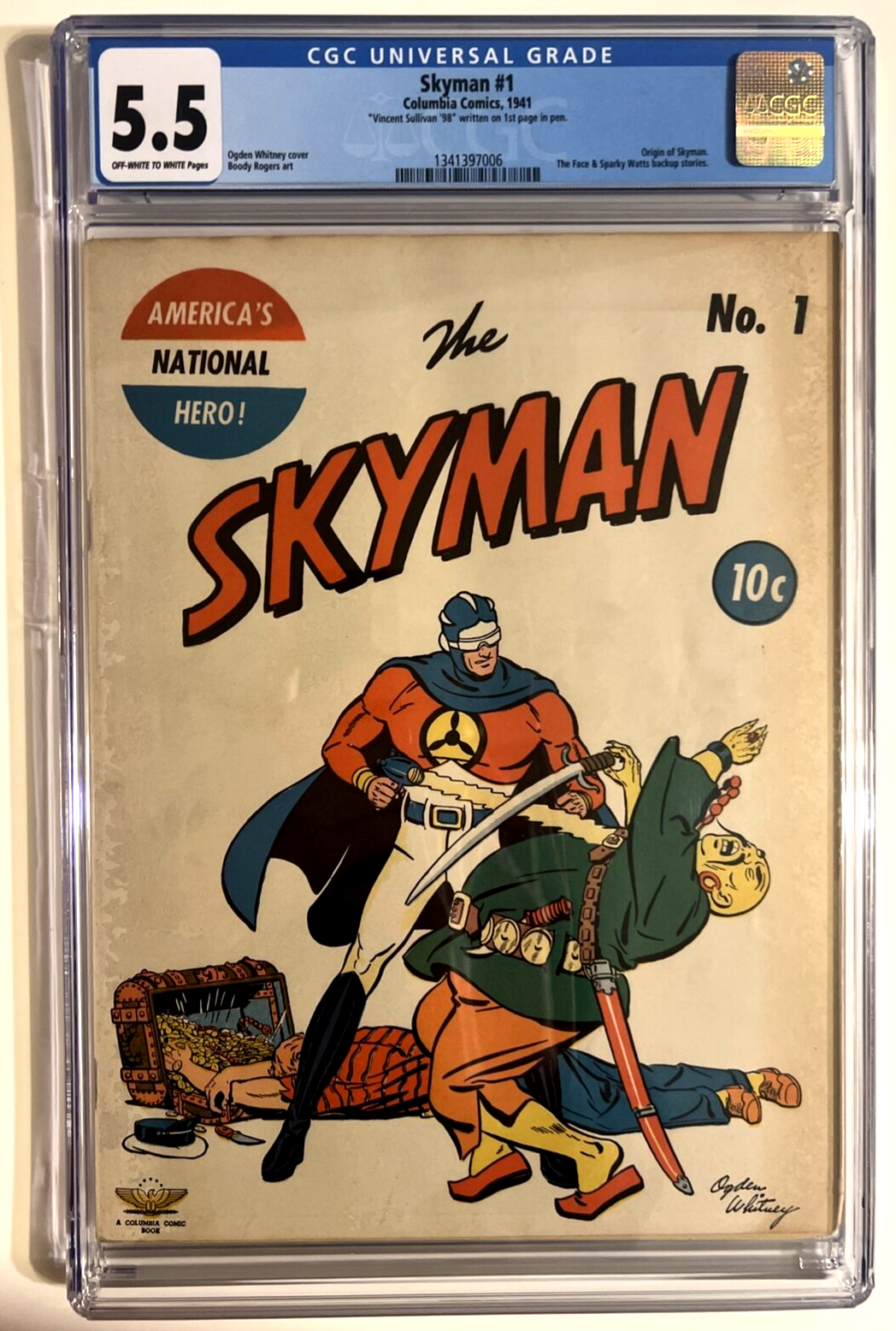 SKYMAN #1 CGC 5.5 COLUMBIA COMICS 1941 ORIGIN OGDEN WHITNEY BOODY ROGERS
