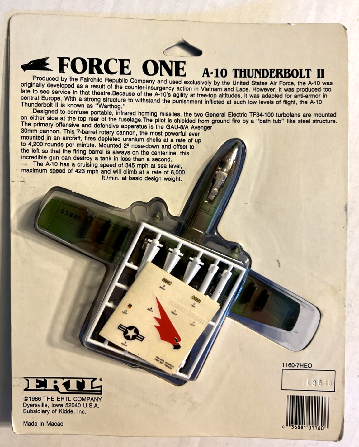 ERTL FORCE ONE USAF A-10 THUNDERBOLT WARTHOG MOC SEALED DIE-CAST METAL 1986