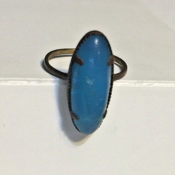 VINTAGE BRASS RING MADE IN CZECHOSLOVAKIA LIGHT BLUE OVAL 14.5MM
