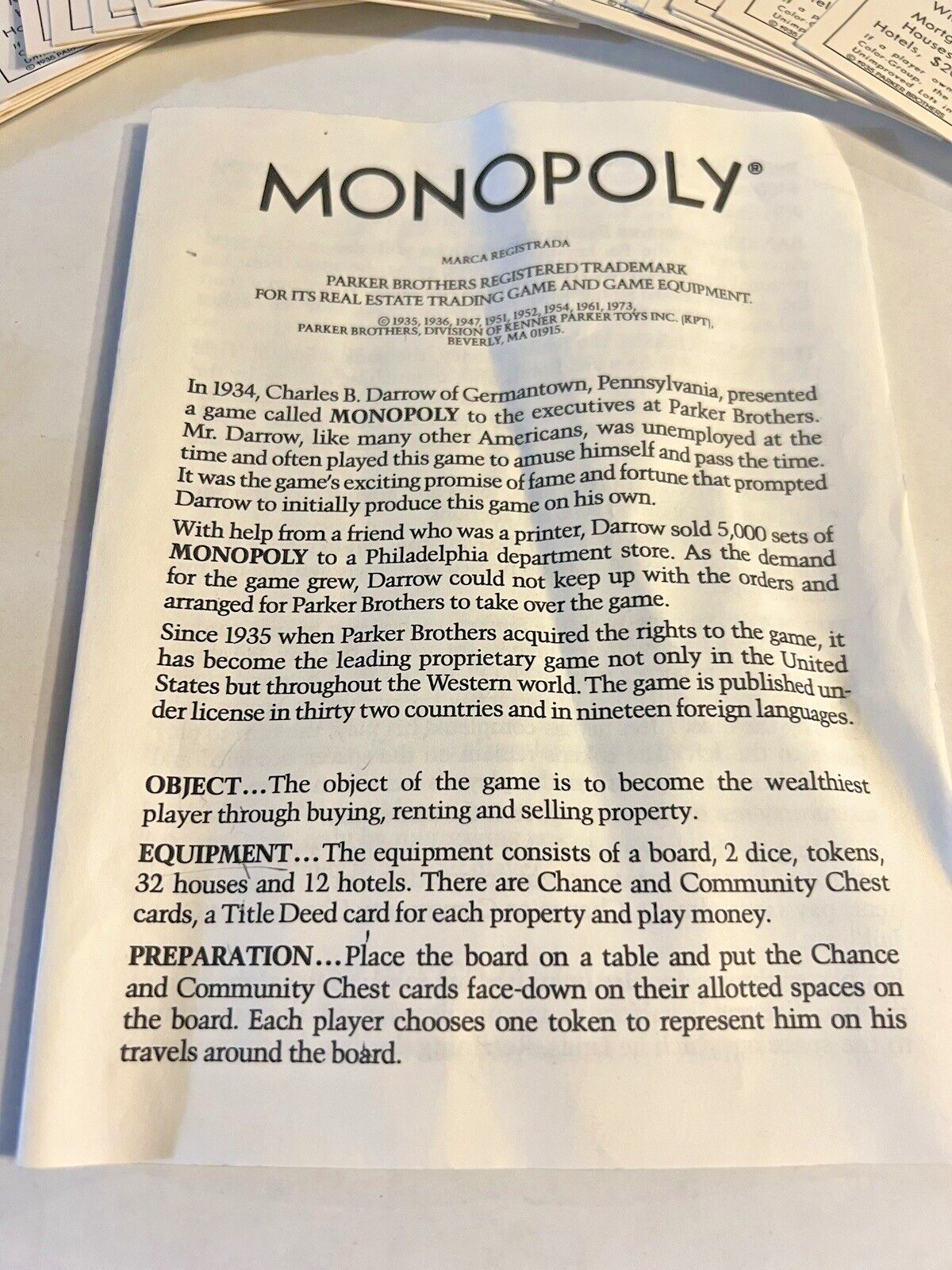 Monopoly Board Game Replacement Paper Money Playing Pieces Deeds Houses Hotels