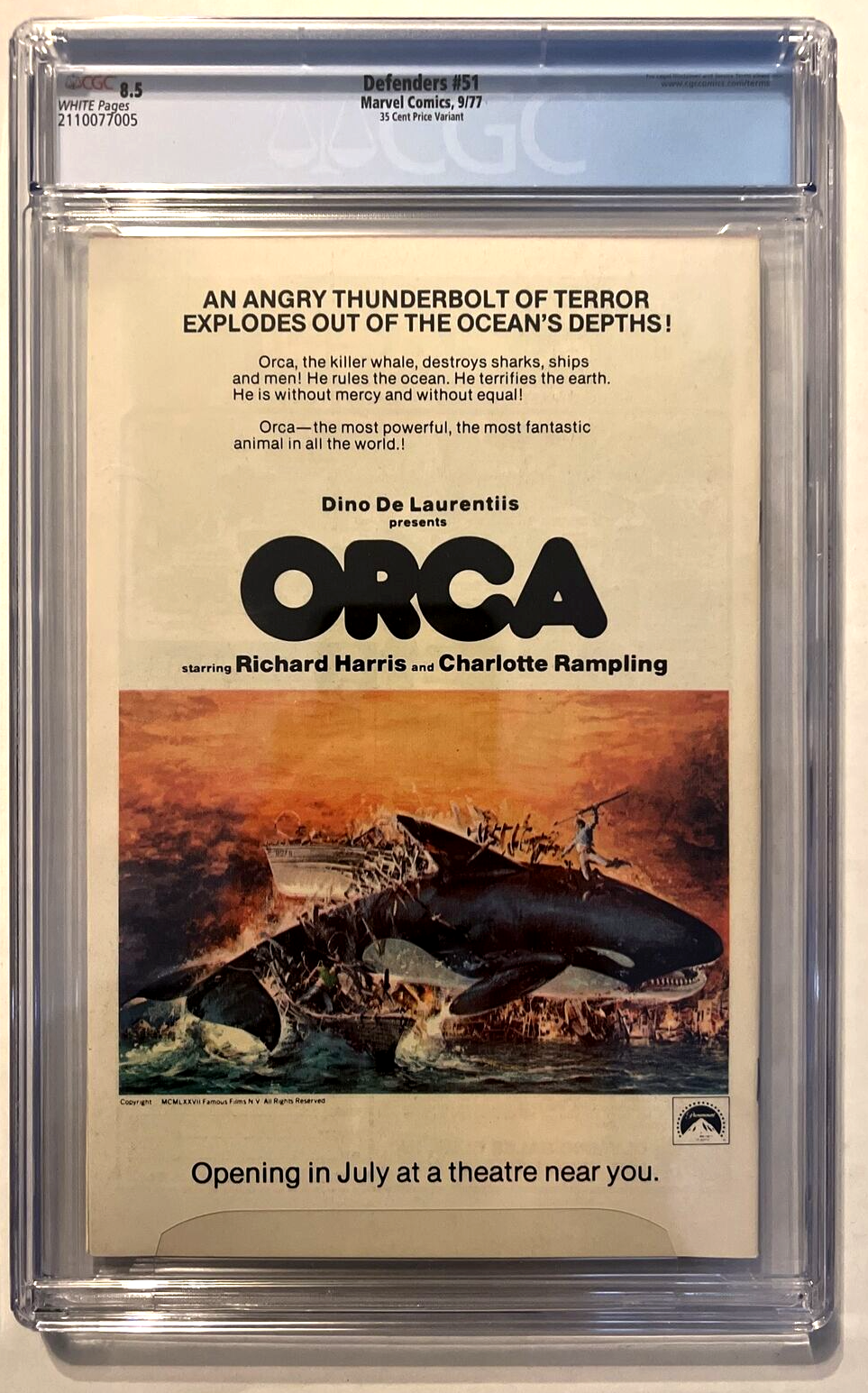 DEFENDERS #51 CGC 8.5 MARVEL COMICS 1977 BRONZE AGE 35 CENT VARIANT WHITE PAGES