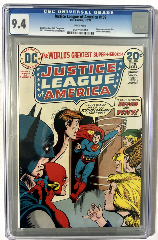 JUSTICE LEAGUE AMERICA #109 CGC 9.4 DC COMICS 1974 BRONZE AGE WHITE PAGES