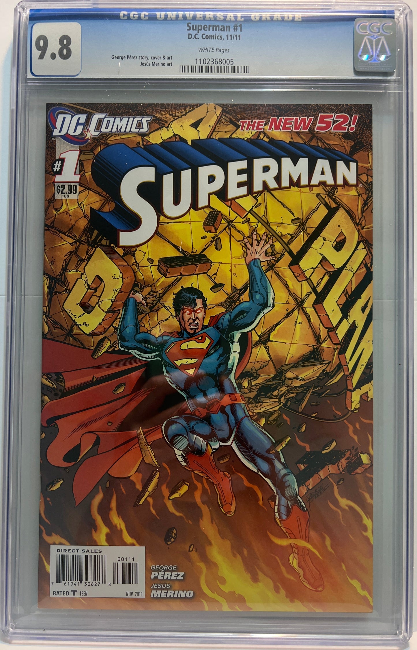A CGC 9.8 graded copy of DC Comics' Superman #1 NEW 52 issue, encapsulated in a clear plastic grading case. The cover features a vibrant yellow and orange background with a large 'SUPERMAN' title and an illustration of Superman flying forward.