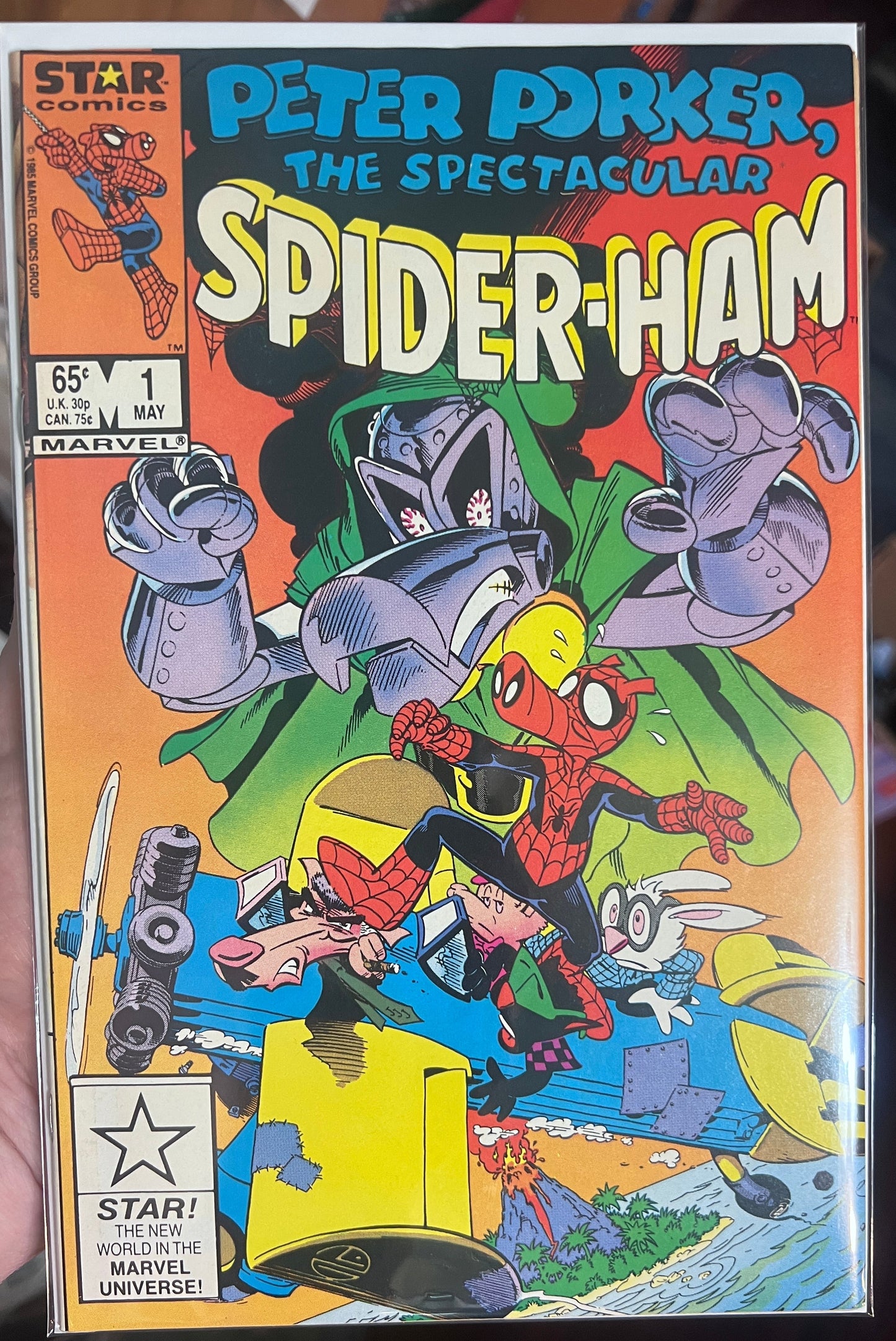 A vintage comic book titled 'Peter Parker, The Spectacular Spider-Ham' issue #1 from Marvel Comics The cover features colorful cartoon illustrations of Spider-Man and other characters against a bright orange background.