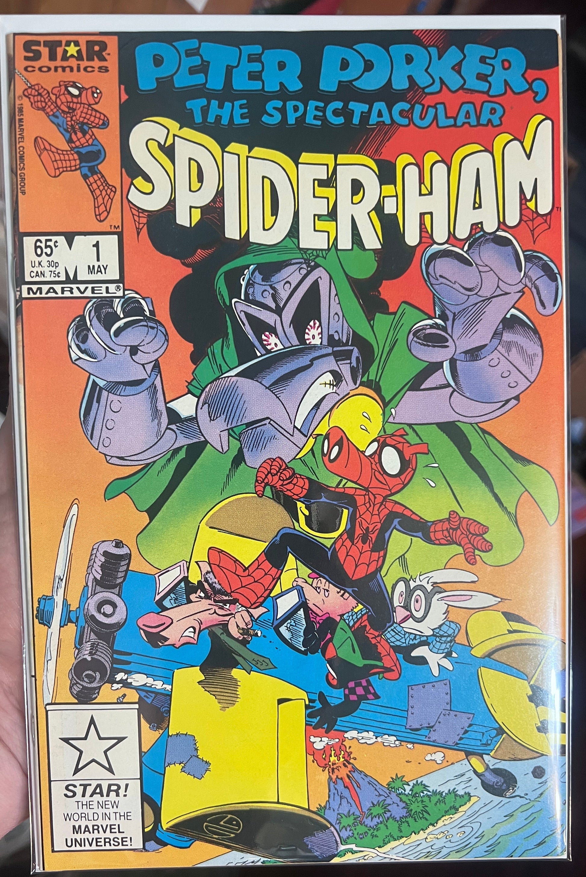 A vintage comic book titled 'Peter Parker, The Spectacular Spider-Ham' issue #1 from Marvel Comics The cover features colorful cartoon illustrations of Spider-Man and other characters against a bright orange background.