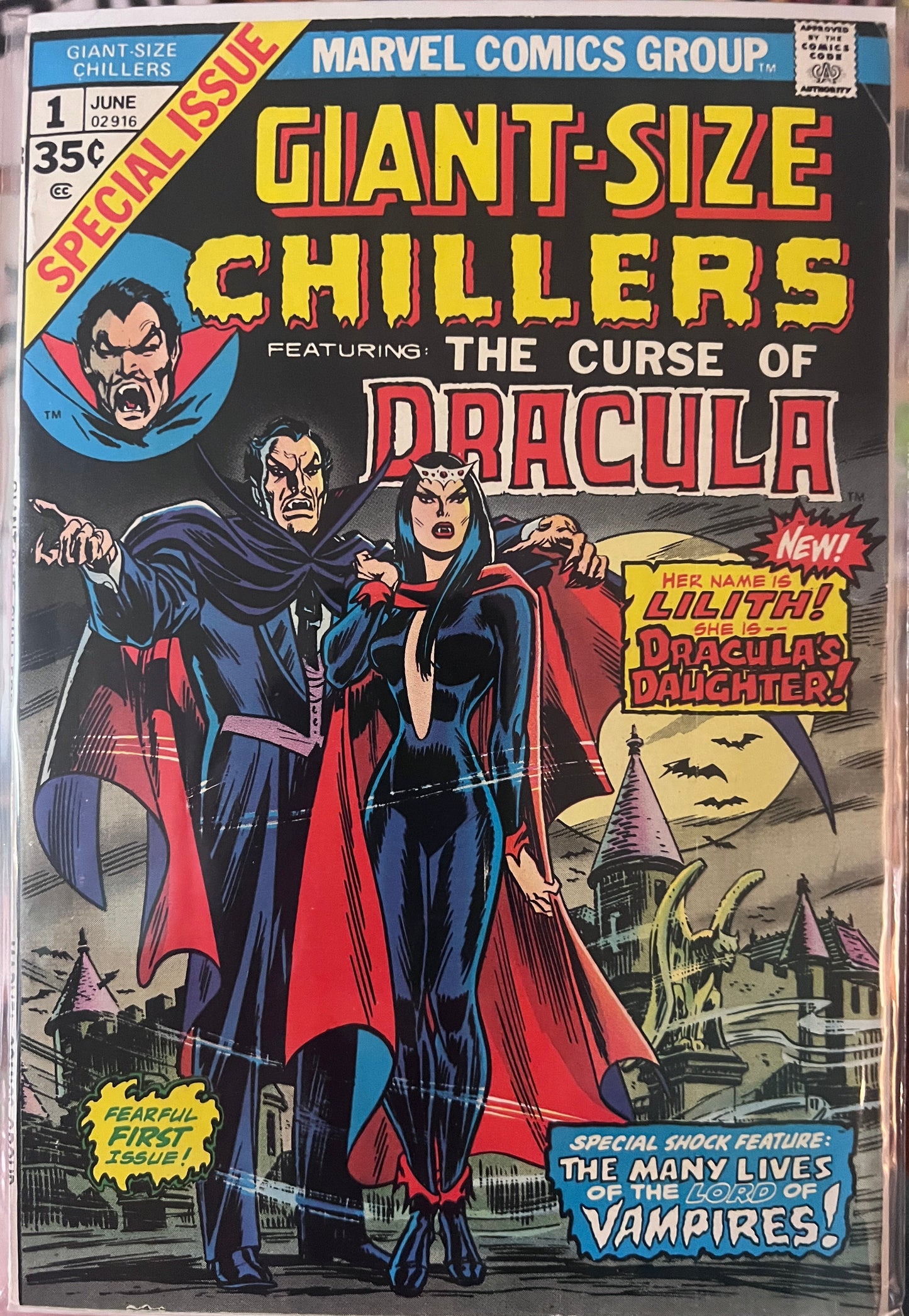 Marvel Comics Group Giant-Size Chillers #1 comic book from June 1974, featuring Dracula and other monsters on the cover, photographed in a clear plastic sleeve.