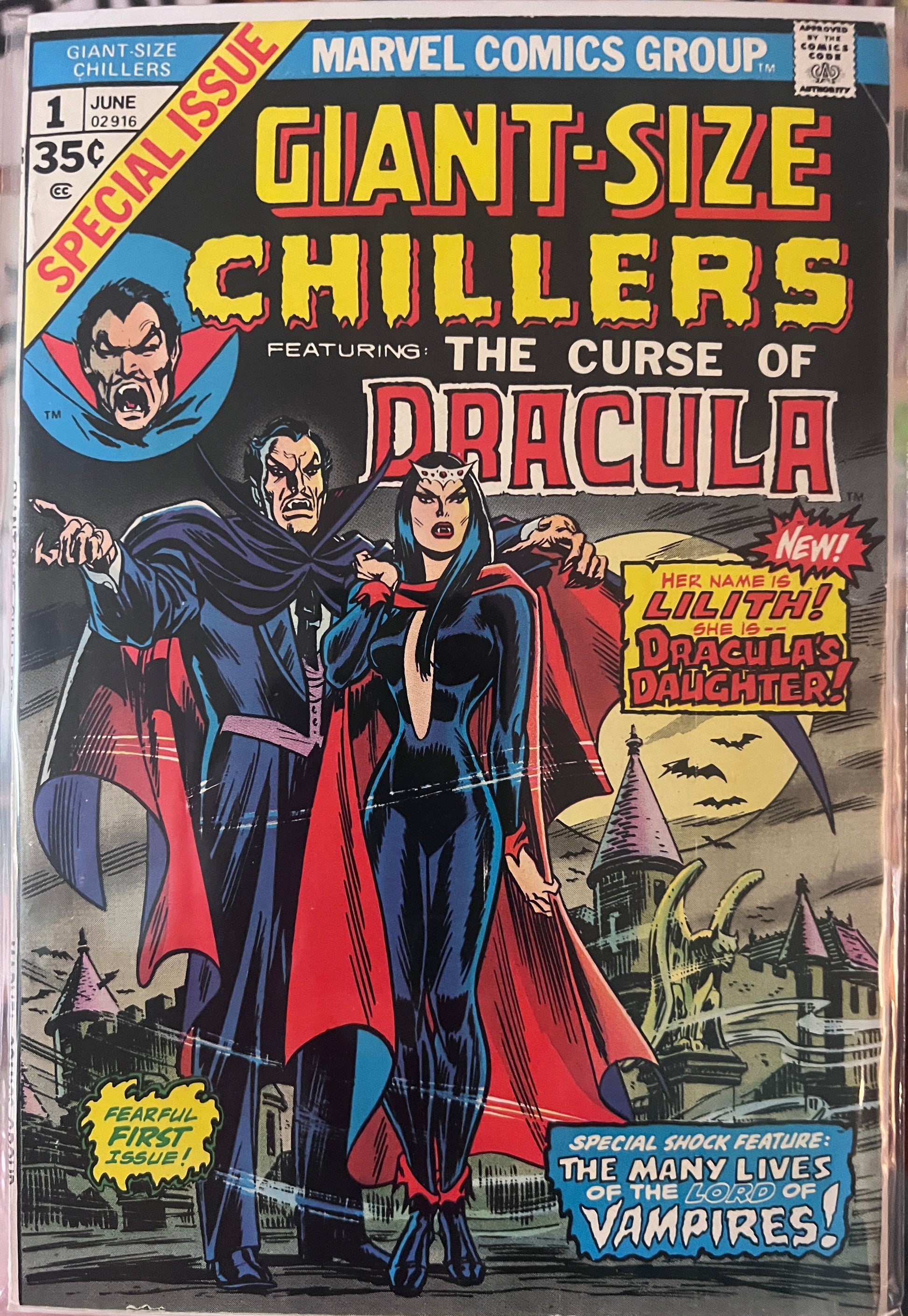 Marvel Comics Group Giant-Size Chillers #1 comic book from June 1974, featuring Dracula and other monsters on the cover, photographed in a clear plastic sleeve.