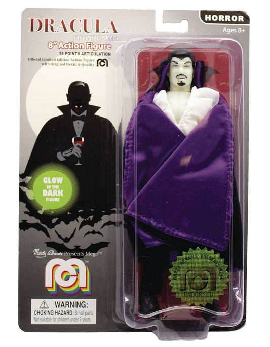 MEGO HORROR WAVE 6 DRACULA PURPLE CAPE GLOW IN THE DARK 8IN ACTION FIGURE